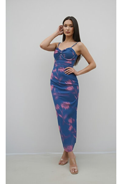 My Blog Navy Blue-Pink Thin Straps Tie-Dye Pattern Long Tulle Dress - 29854