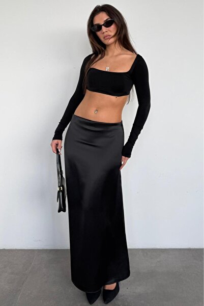 Madmext Fusta elegantă de damă din satin negru, lungime midi MG2637