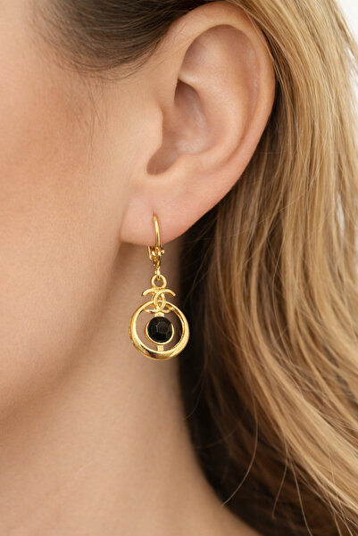 TuQos Authentic Black Stone Gold Color Women's Dangle Earrings – Ethnic Round...