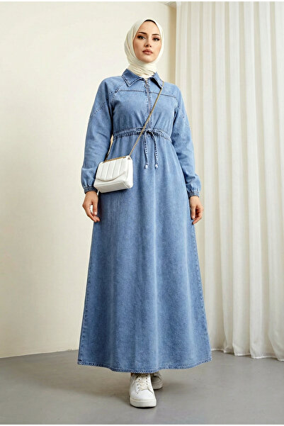 MODAQU Half-Zip Long Denim Dress - Ice Blue