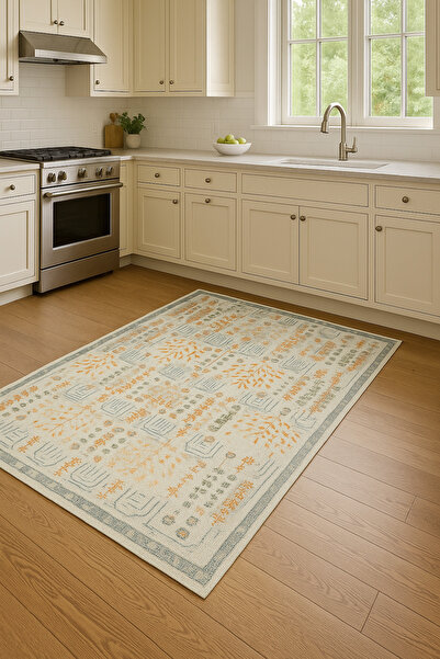 DOREM DİJİTAL BASKILI Kaymaz Taban Yıkanabilir Modern Mutfak Halısı Salon Hal...