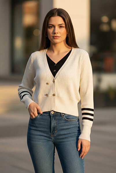 Swana Women's Long Sleeve Ribbed Buttoned Cardigan-Cream