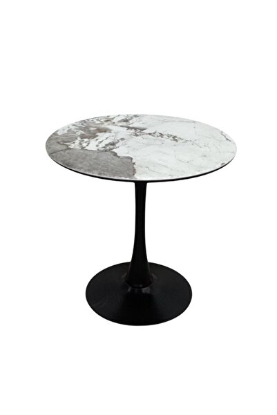 smart home Modern Round Ceramic Top Side Table 80×80×80 cm – Black Metal Pede...