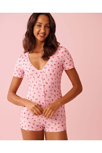 La Vie en Rose جمبسوت قصير الأكمام فائق النعومة بطبعة الفراولة