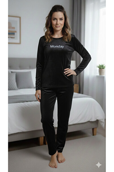 Serena Women's autumn-winter black velvet pajamas with "Printed