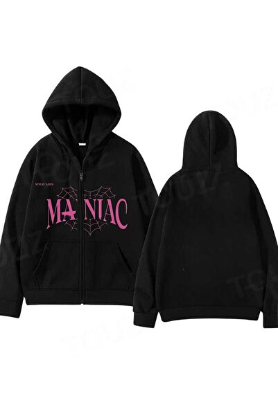 AZIZI TEKSTIL Printed Oversize Zippered Black Unisex Hooded Cardigan