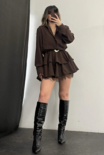 AYKA WEAR Kemer Detaylı Mini Gömlek Elbise