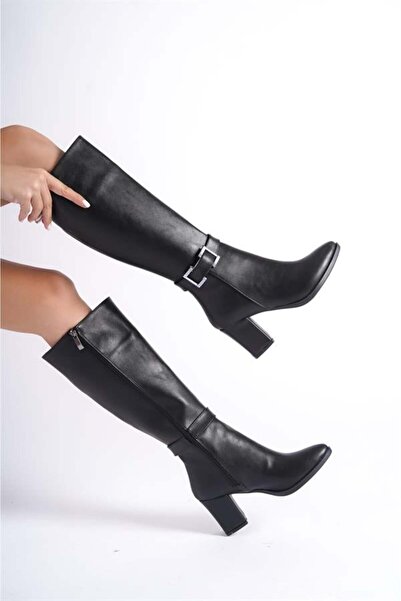 Difolia Women's Paris Black Buckle Detailed Side Zipper Below the Knee Boots 410