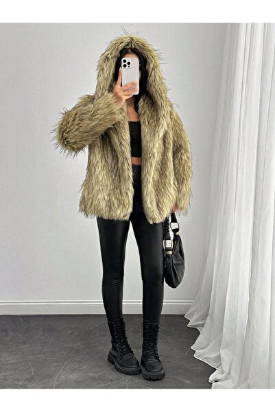 VEBRAWOUS Kapşonlu kürk mont