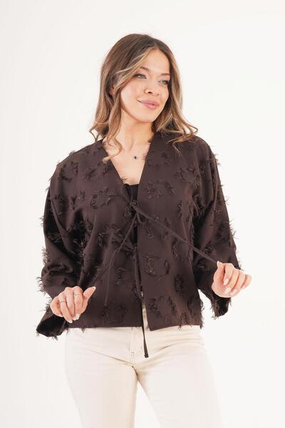 Hipo Trend Tasseled Loose Seasonal Brown Kimono with Tie Front