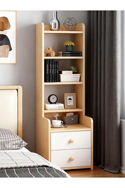None 2-Drawer Tall Bedside Table with 4-Tier Open Shelves, Multifunctional Be...