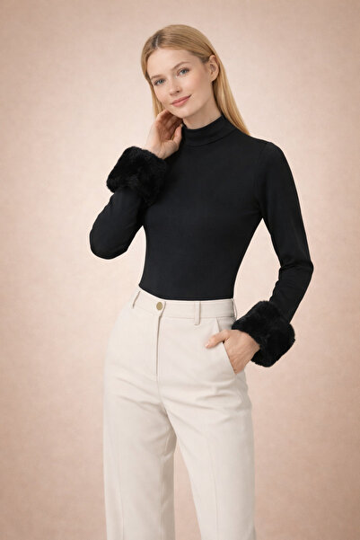 Kirazgym Half-Throated Zip-Up Bodysuit Blouse with Fur Sleeves - Black