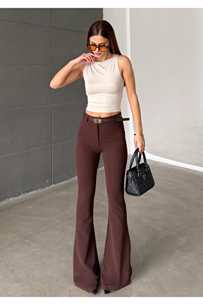 BEJNA Women's Belted Spanish Flare Stretchy Pants