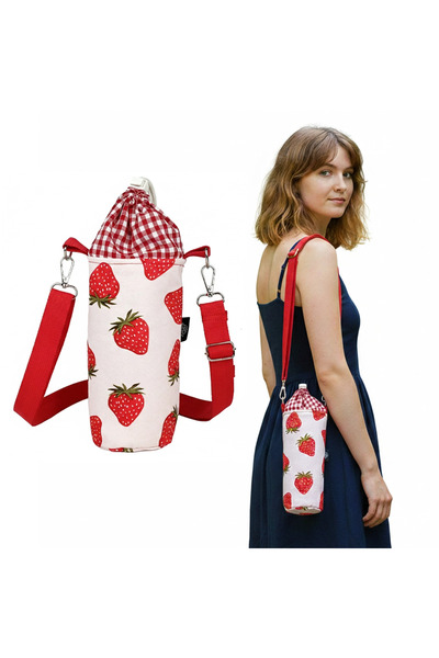 woodycord Handmade Strawberry Patterned Drawstring Thermos and Flask Cover