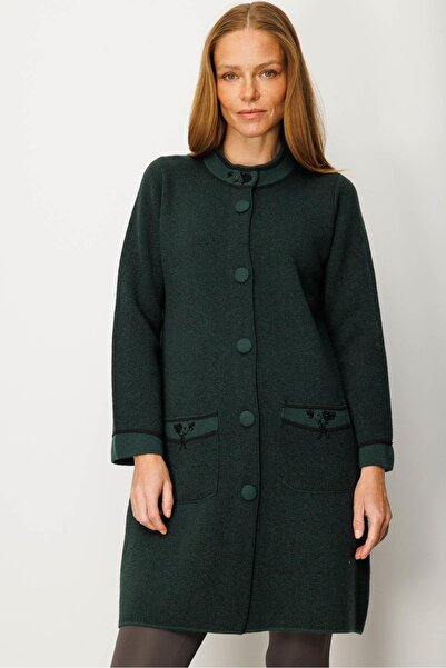 Desen Triko Women's Stand Collar Long Wool Coat with Embroidered Sleeves and ...