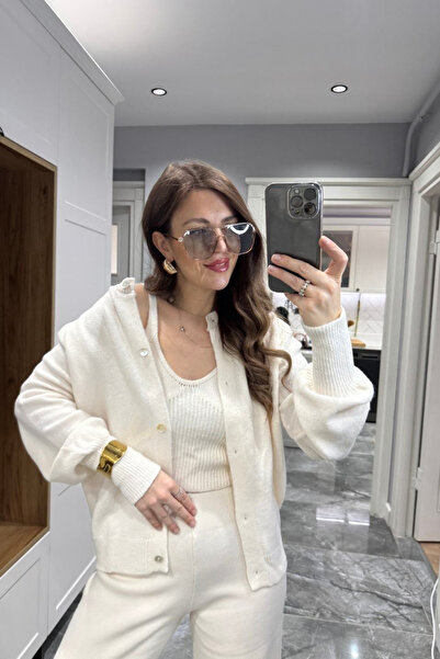 Banu Angay Premium Hırka Atlet Triko İkili Takım Krem