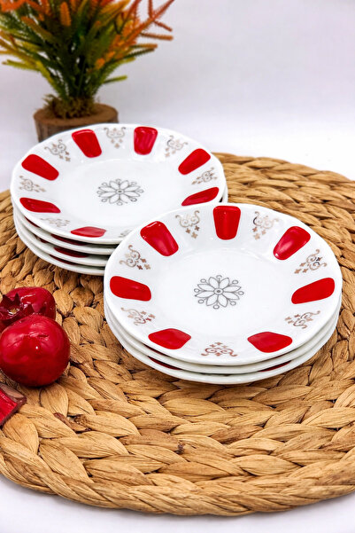 AiroBazar 12-Piece Porcelain Tea Plates - Stylish Presentation Set with Red D...