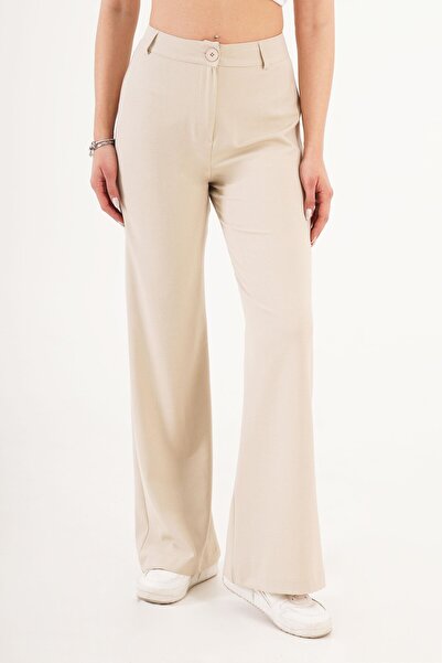 Hipo Trend High Waist Flare Relaxed Fit Beige Trousers