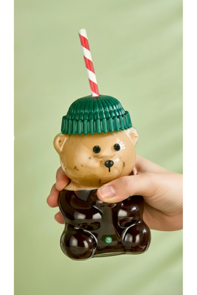 Ervalina Glass Cold Drink Cup with Teddy Bear 500 ml