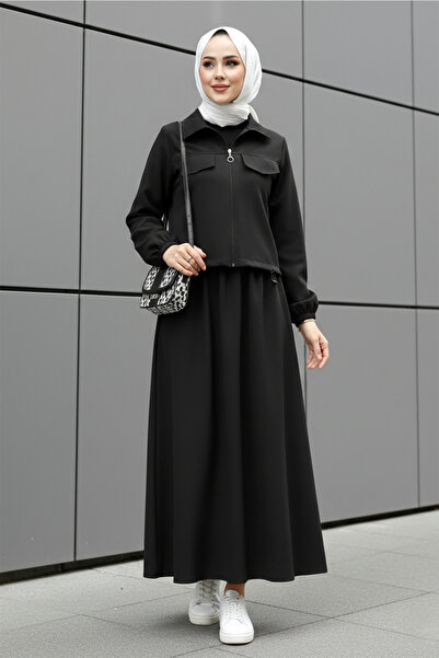 MODAQU Zippered Waist, Elastic Sleeves, Dabl Fabric Double Set - Black