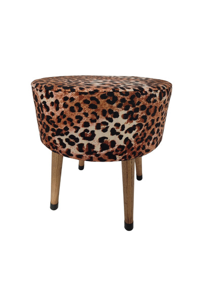 ustaagac Leopar Desenli El Yapımı Puf – Ahşap Ayaklı Dekoratif Oturma Taburesi