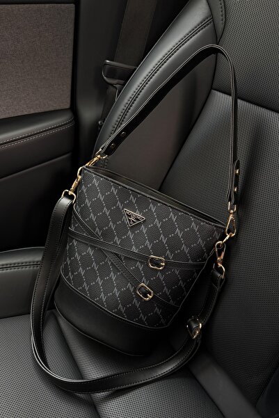 NOTHING Women's Monogram Black Belt Detailed Bucket Model Shoulder and Crossb...