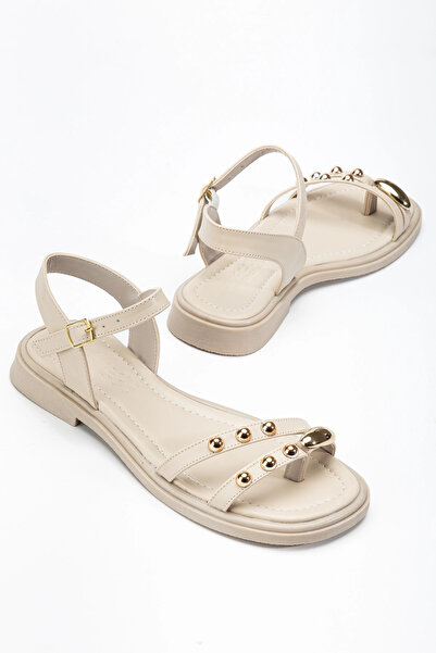 bakacstore Women's Beige Color Front Buckle Flip-Flop Sandals