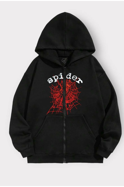 AZIZI TEKSTIL Printed Oversize Zippered Black Unisex Hooded Cardigan