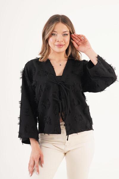 Hipo Trend Tied-Front Tasseled Casual Seasonal Black Kimono