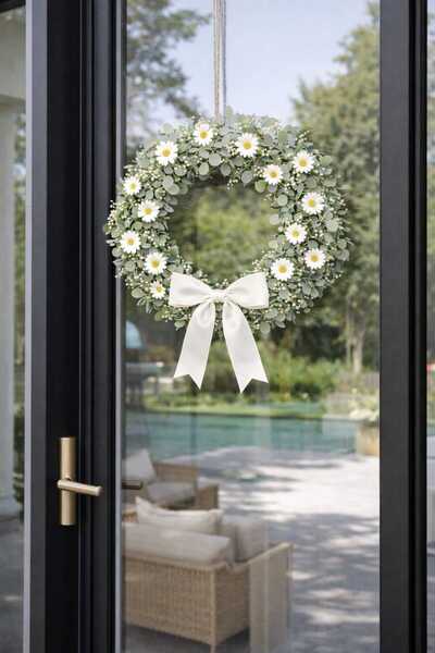 ecrella Papatyalı Okaliptus Modern Kapı Süsü Kapı çelengi 30 cm Ev Dekorasyonu