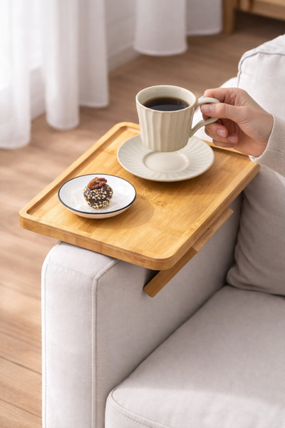 ARVALE Bambu Koltuk Kenarı Sehpası Dikdörtgen Koltuk Üstü Takılabilir Yan Seh...