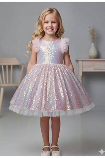 Quality Kids Fashion Kol Fırfır Pullu Elbise Doğum Günü Parti Gösteri Elbisesi