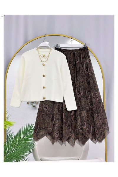 YEDİLALE SET DUBĂ CU FUSTĂ CU TĂIȚE ASIMETRICE, TRICOTAGE, CARDIGAN [cardigan...