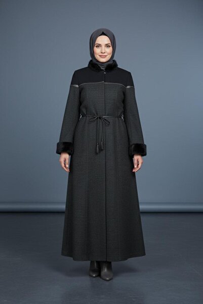 HAVİN kalın kürk yaka ve kol detaylı manto