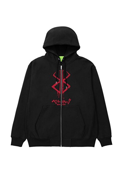 AZIZI TEKSTIL Printed Oversize Zippered Black Unisex Hooded Cardigan