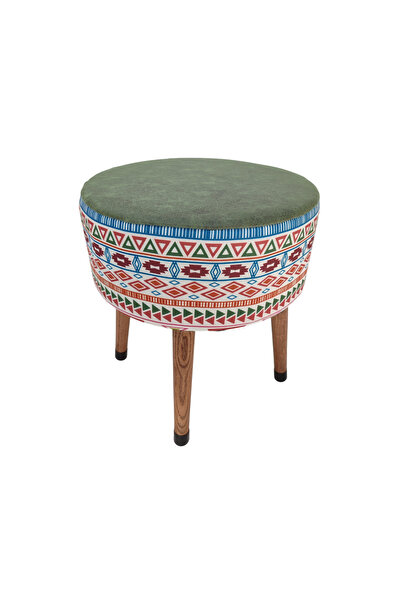 ustaagac Modern Desenli Ust Yesil El Yapımı Puf, Ahşap Ayaklı Dekoratif Tabure
