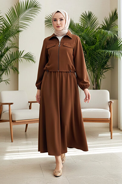 MODAQU Zippered Waist, Elastic Sleeves, Dabl Fabric Double Set - Tan