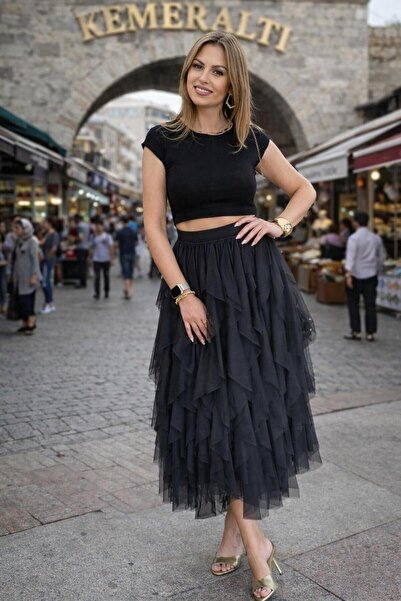 AGORATEKSTİL Women's Black Elastic Waist Tulle Skirt