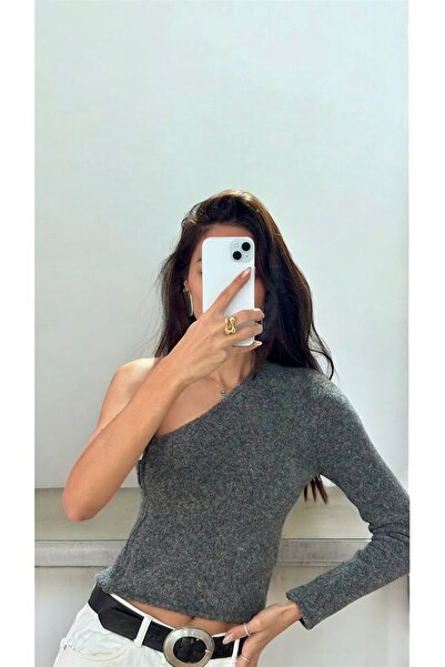Azimutgiyim Women's Asymmetrical One-Shoulder Knitwear Blouse Anthracite