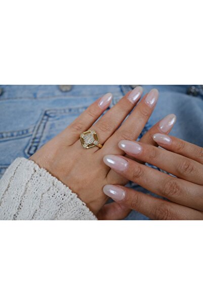 ATELİER TUĞBA Yzk208 Gold Color Octagonal Shape Multi-Stone Frame Detail Adju...