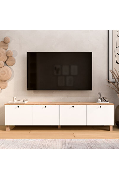 Yurudesign Nord Tv Ünitesi Sehpası 4 Kapaklı Ahşap Ayaklı 180cm Sepet-Beyaz N...