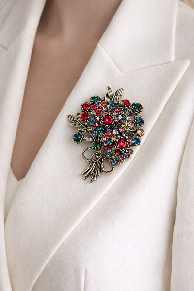 Modex Altın Sarısı Renkli Taş Süslemeli Buket Broş (5cm)