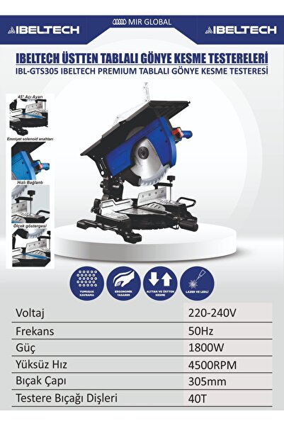 İBELTECH Premıum Üstten Tablalı 305MM Gönye Kesme Testeresi