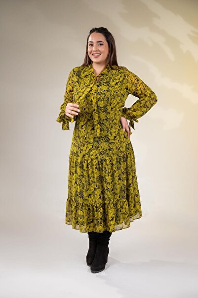 Roxxlen Rochie cu guler legat, mărime mare, galbenă