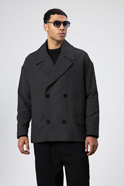 VAMOSCLO Oversize Double-Breasted Short Cashmere Jacket Anthracite