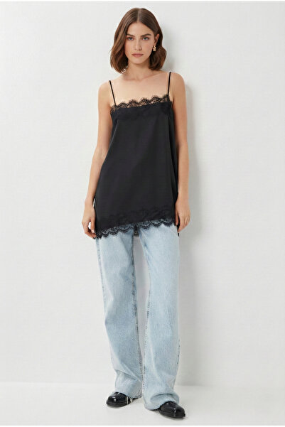 MELA ROSSA Women's Black Satin Lace Strap Slit Long Blouse