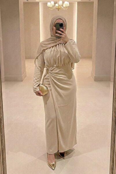 InStyle Beige Scuba Crepe Dress with Side Buckle