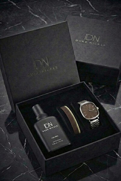 Duke Nickle Erkek Gümüş Kordon Kahverengi Kadran Kol Saati Bileklik Parfüm He...