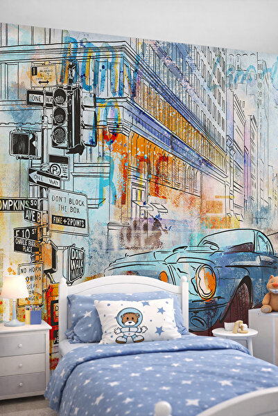 dreamwall Retro Araba ve Modern Şehir Temalı Tek Parça Tekstil Duvar Kağıdı -...
