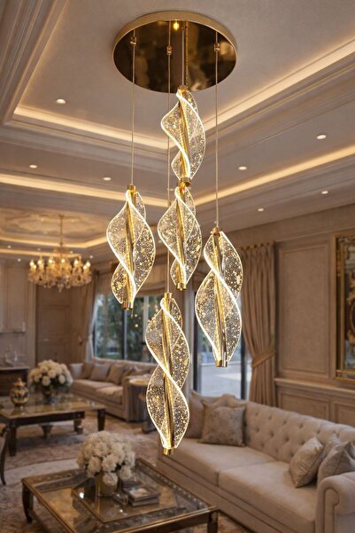 Lamira aydınlatma MODERN LÜKS SALON MODEL LEDLI 5´Lİ GOLD SARKIT AVIZE